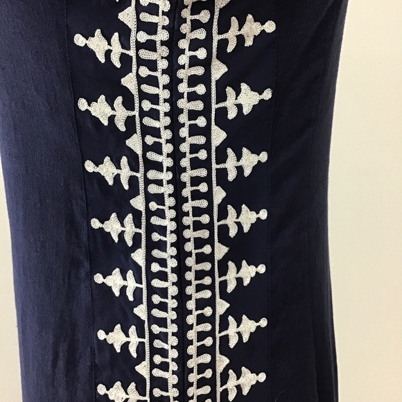 Sulu Collection Boho Navy Blue Embroidered Linen Lined Maxi Dress Size 2 - Picture 5 of 7